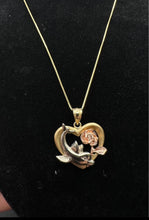 14k Gold box Link chain w Tricolored heart dolphin pendant