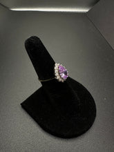 14k gold ring w pear shaped amethyst & halo CZS around center stone