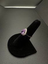 14k gold ring w pear shaped amethyst & halo CZS around center stone